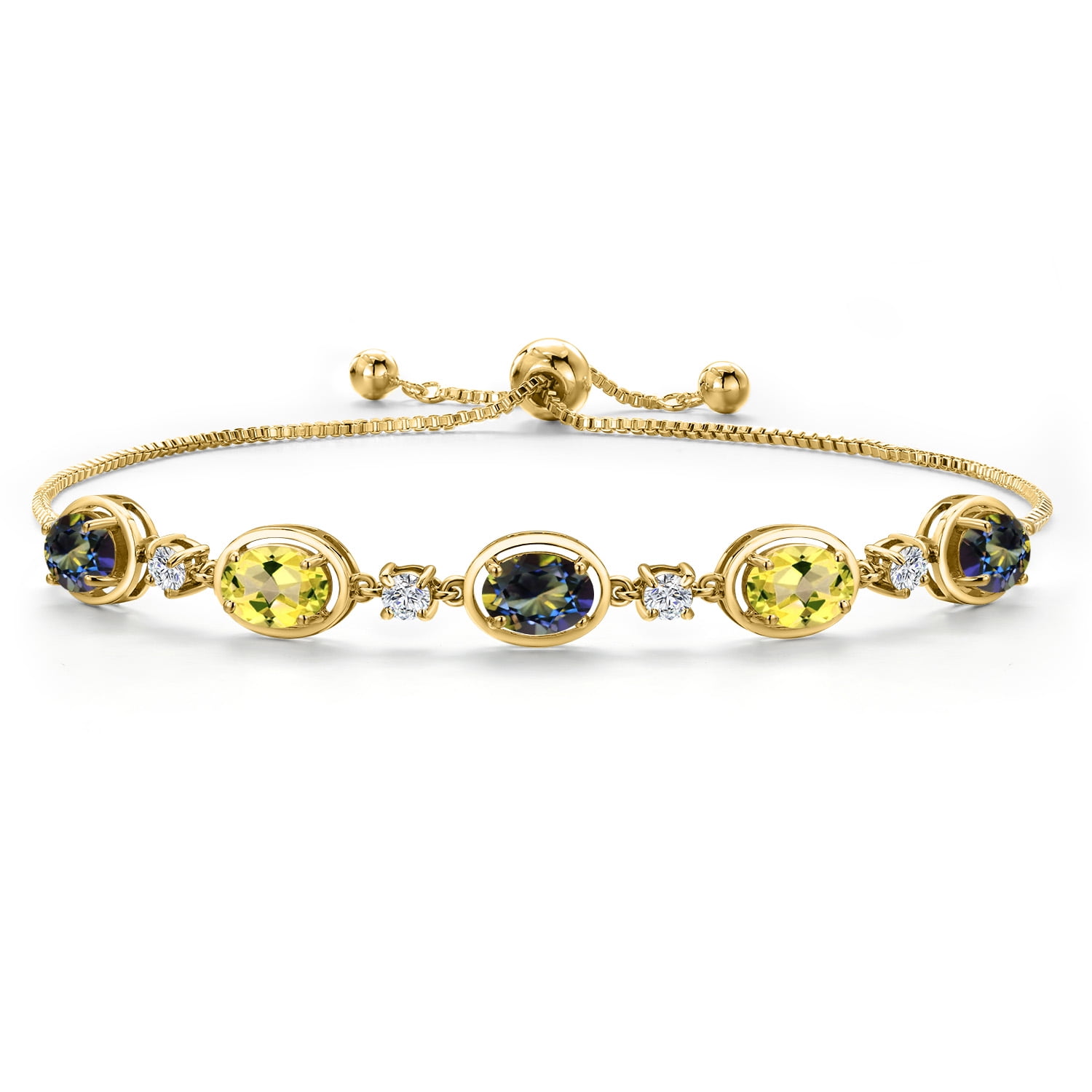 Gem Stone King 18K Yellow Gold Plated Silver Blue Mystic Topaz and Canary Mystic Topaz Bracelet for Women | 4.45 Cttw | Gemstone November Birthstone | Oval 7X5MM | Fully Adjustable 9 inch