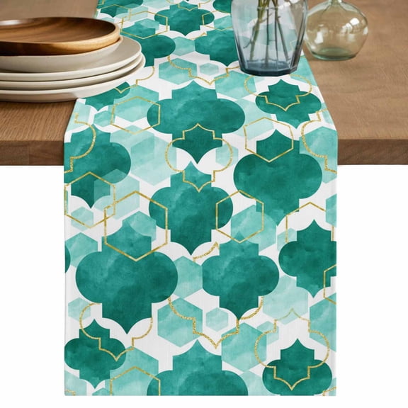 Green Geometric Moroccan Table Runner 72 Inches, Abstract Art Teal Ombre Modern Bed Runner Dresser Scarves Tabletop for Indoor Outdoor Parties/Ceremony/Banquet, 14" x 72"
