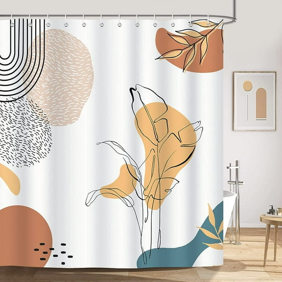 Modern Abstract Mid Century Shower Curtain 72 x 72 Inch Boho Arch Leaves Minimalistic Art Decorative Bath Curtain Polyester Fabric Waterproof Bathroom Curtain with 12 Hooks