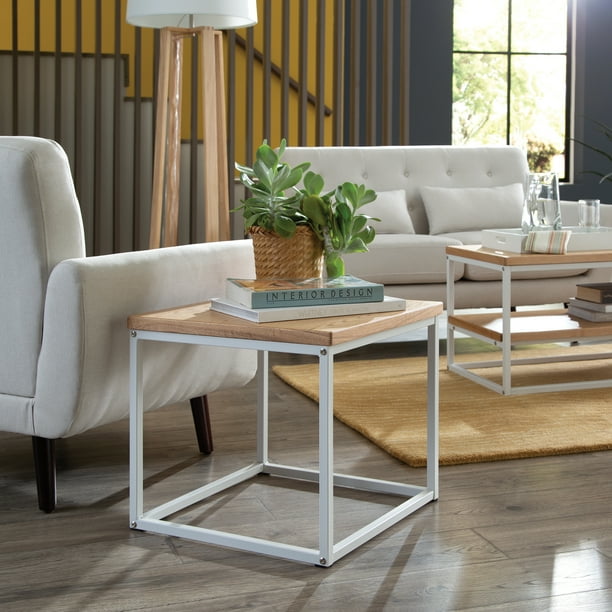 OFM Industrial Modern Wood Top/Metal Frame Side Table, in White/Natural