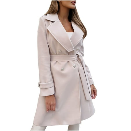 

Women s Casual Long Sleeve Woolen Lapel Blazer Jackets Belt Long Fall Coat Trench Fashion Dressy