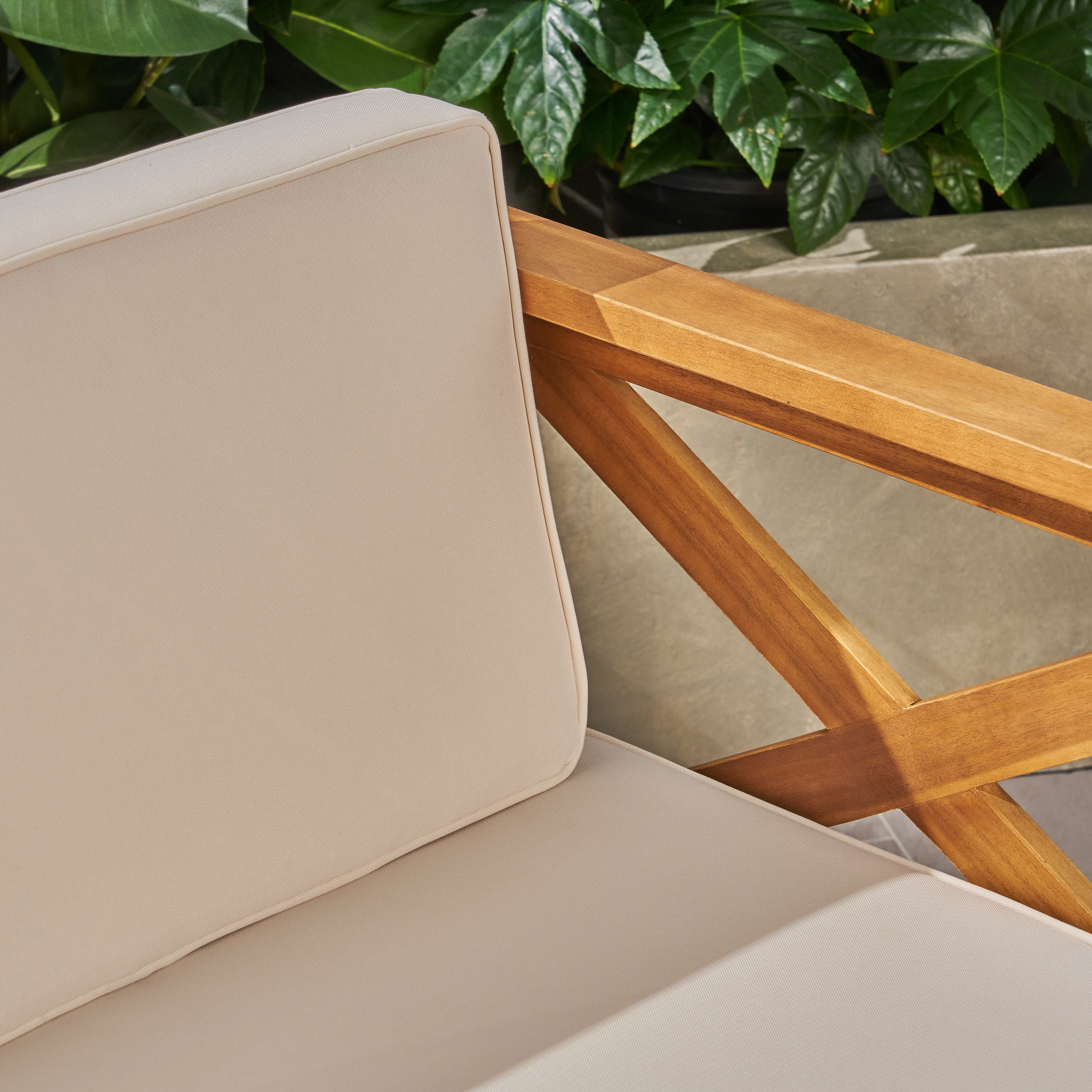 Outdoor L Shaped Sectional Sofa Set, Acacia Wood Frame Combined Couch for Patio Garden, Teak and Beige