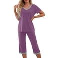 thumbnail image 3 of Maplenight Women's 2 Piece Pajama Set Color Block Pjs Sets V Neck Tops Capri Pants Two Piece Lounge Set Soft Sleepwear Loungewear, 3 of 7