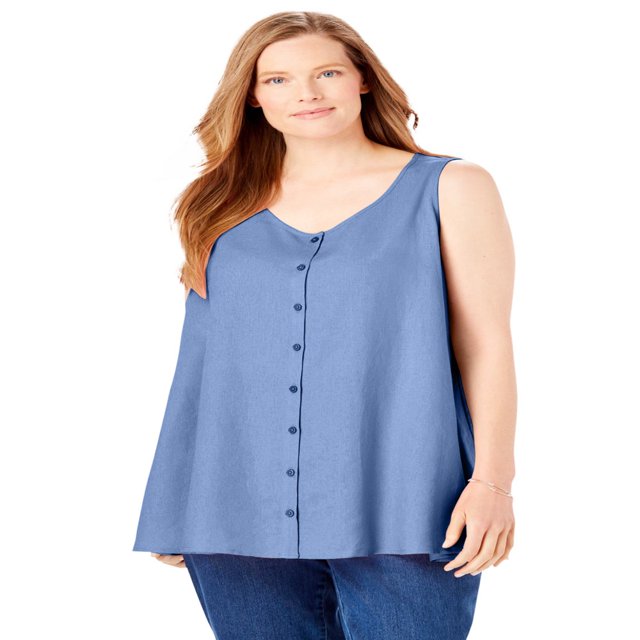 CHOK Women‘s Plus Size Button-Front Linen Tank - 22/24 Natural Khaki Stripe