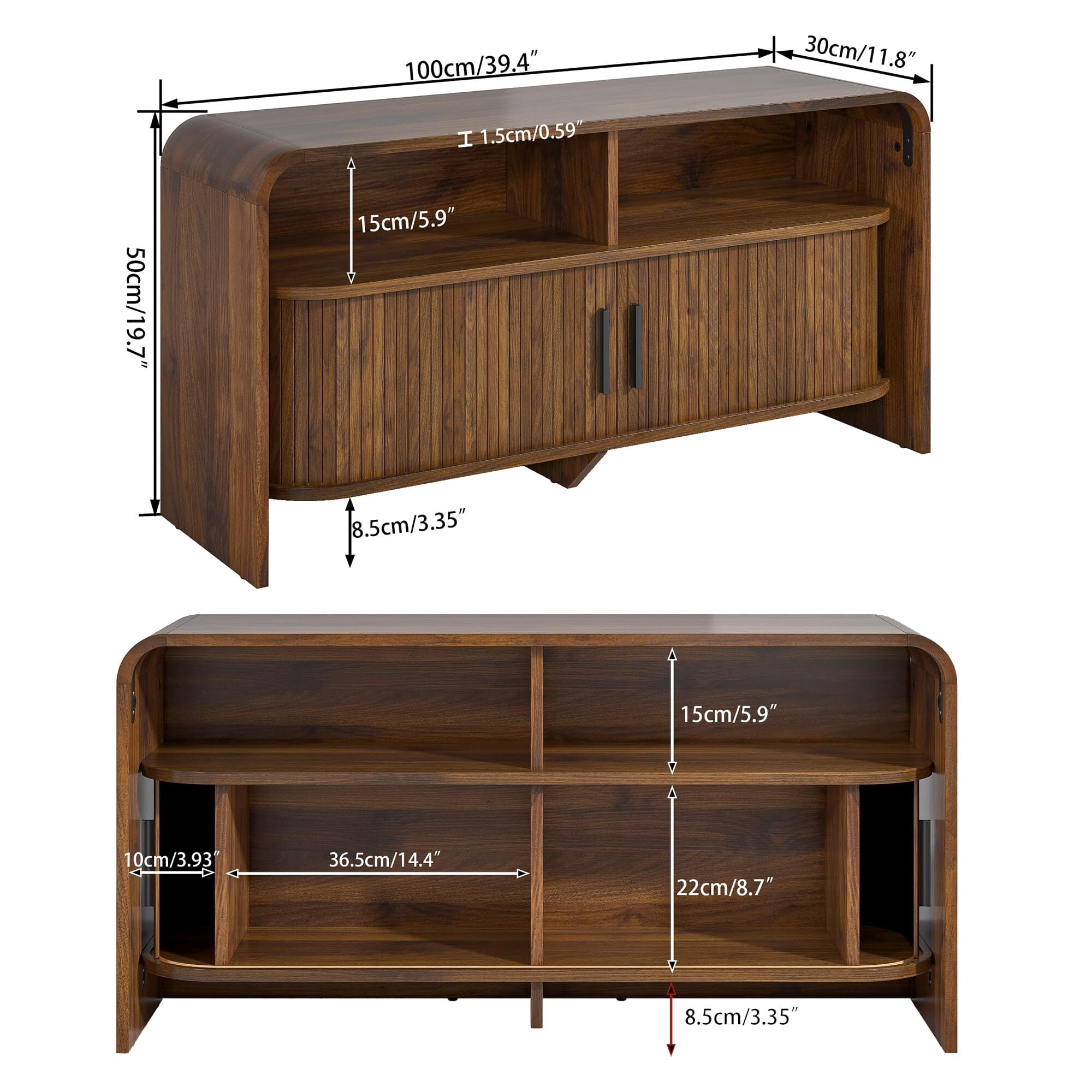 Mid-Century Modern TV Stand for 43 Inch TV, Fluted Wood Media Console with Sliding Doors, Walnut