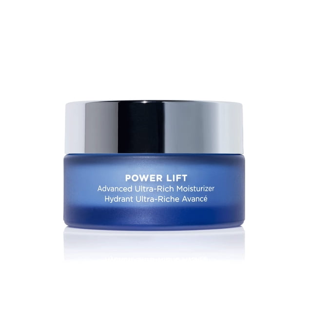 hidratante hydropeptide power lift 30 ml antiarrugas frasco azul mate con tapa plateada, vista frontal centrada con etiqueta 'POWER LIFT Advanced Ultra‑Rich Moisturizer', envase de 1 onza para pieles con líneas finas; fórmula con péptidos y ácido hialurónico según especificaciones, fondo blanco minimalista; suele usarse como crema nocturna o para viaje.