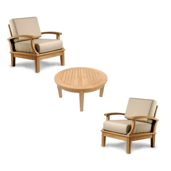 Somer 3 Pc Lounge Chair Set: 2 Lounge Chairs & 36" Round Coffee Table With Cushions in Sunbrela Fabric #5422 Canvas Antique Beige