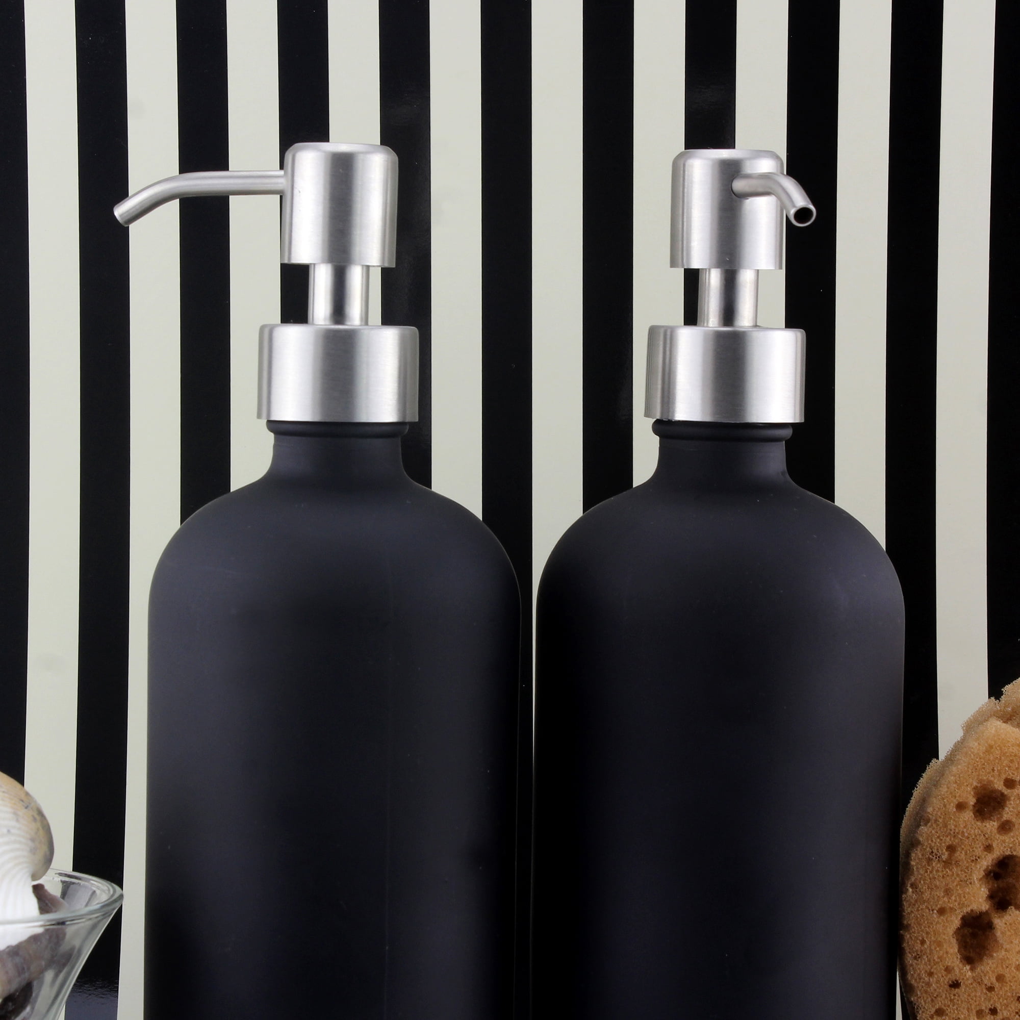Cornucopia Brands 16oz Black Glass Bottles w/ Stainless Steel Pumps (2-Pack); Black Coated Boston Round; Lotion, Hand Care & Soap Dispensers