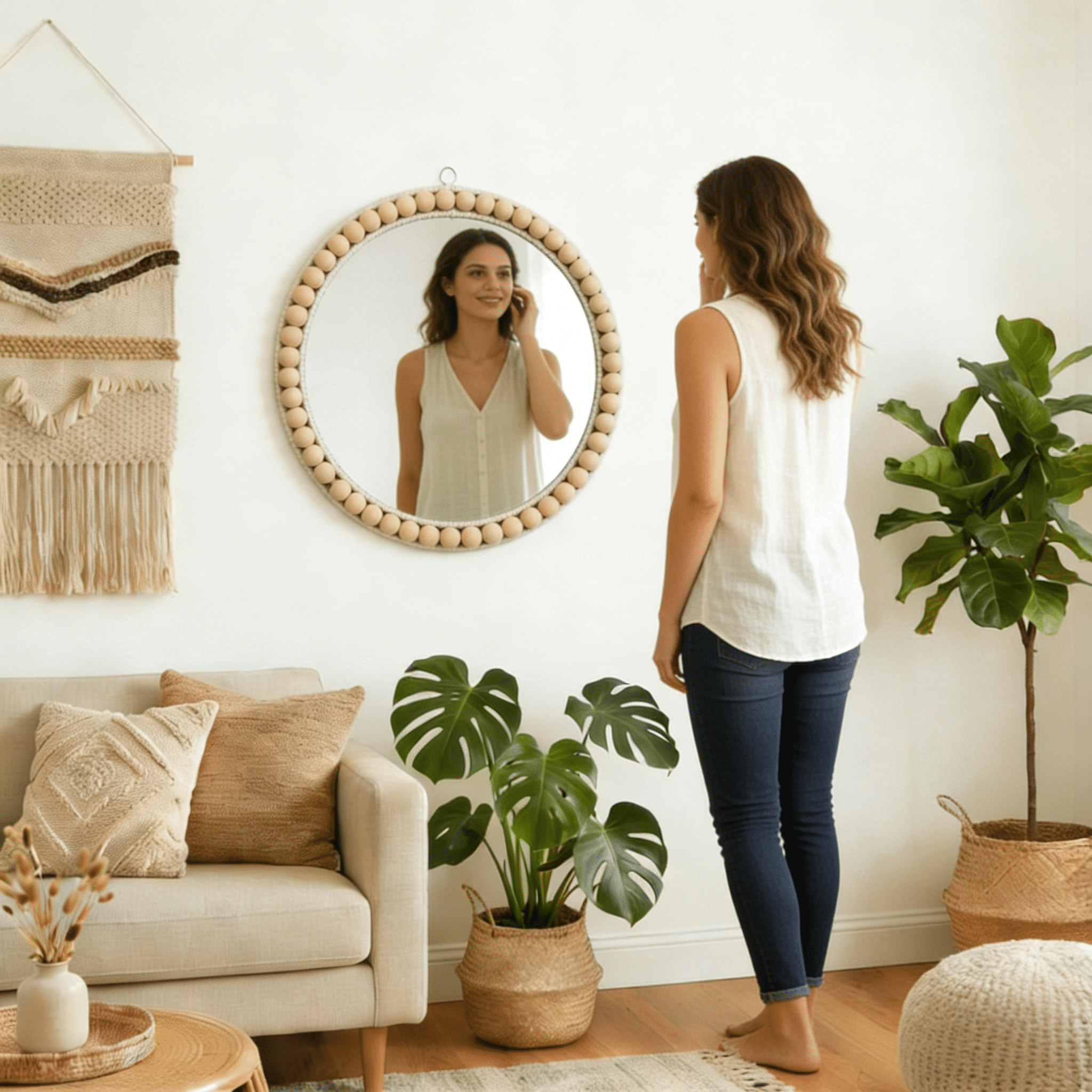 MEHOOM 17" Round Wall Mirror, Boho Hanging Round Mirror, Wall Decor for Bedroom, Bathroom, Living Room, Beige
