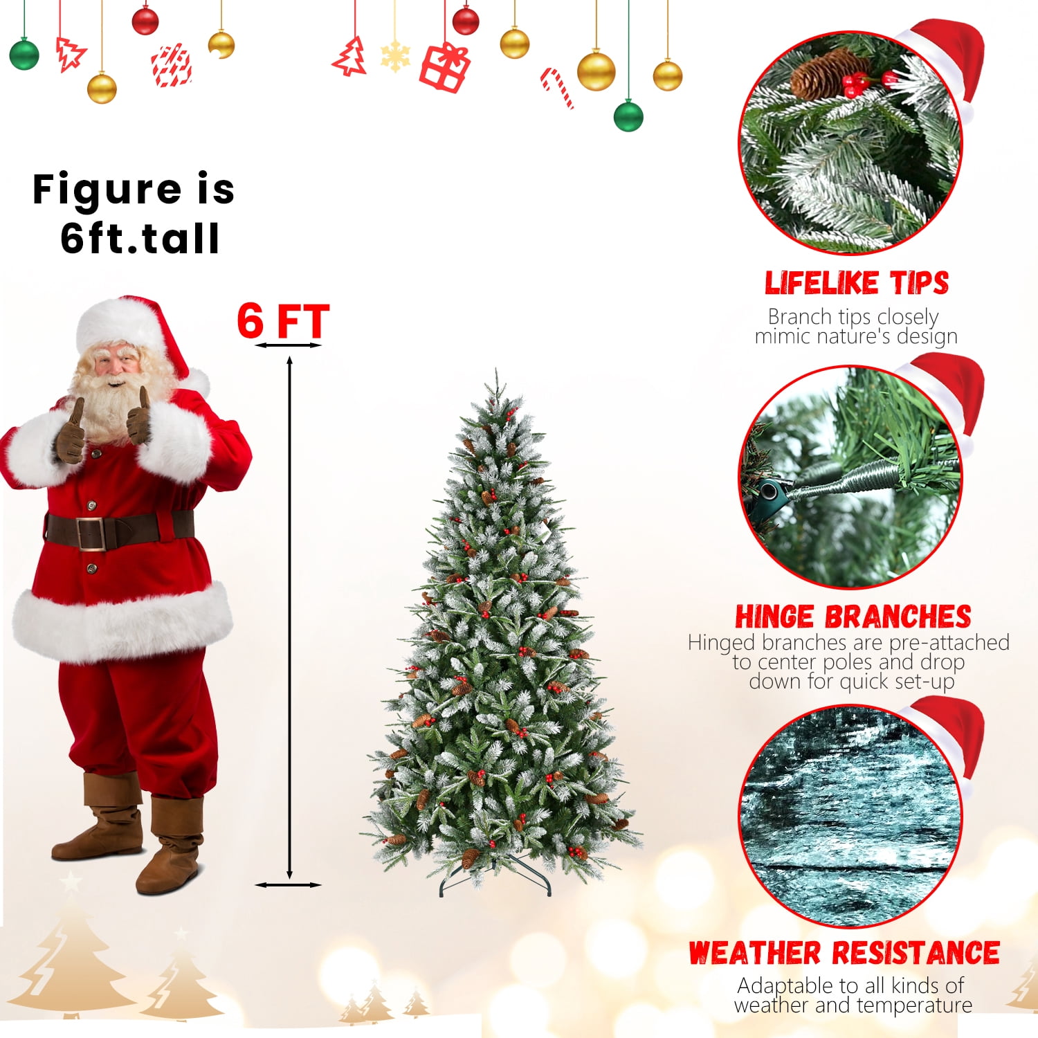 8 Ft Christmas Tree with 2850 Tips, Red Berries & Pine Cones, Snow-Dusted PE+PVC Branches, Hinged Design for Easy Setup, Sturdy Metal Stand, Full, Natural Holiday Tree Decoration