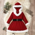 thumbnail image 2 of Odeerbi Infant Girls Christmas Flannel Dress Fall Winter Long Sleeve Hooded Dress V-neck Solid Color Christmas Plush Dress Infant Clothes Red, 2 of 9