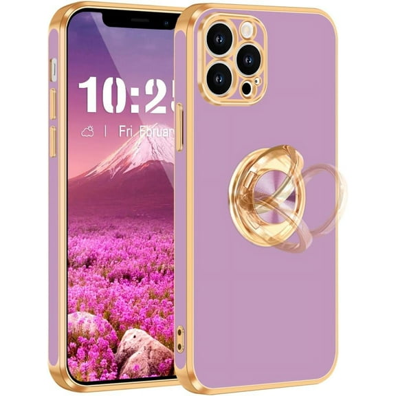 iPhone 12 Pro Case,iPhone 12 Pro Phone Case with Stand Ring Holder,360° Rotatable Magnetic Kickstand Shiny Plating Gold Edge Slim Soft TPU Shockproof Protective Case for Women,Lavender Purple