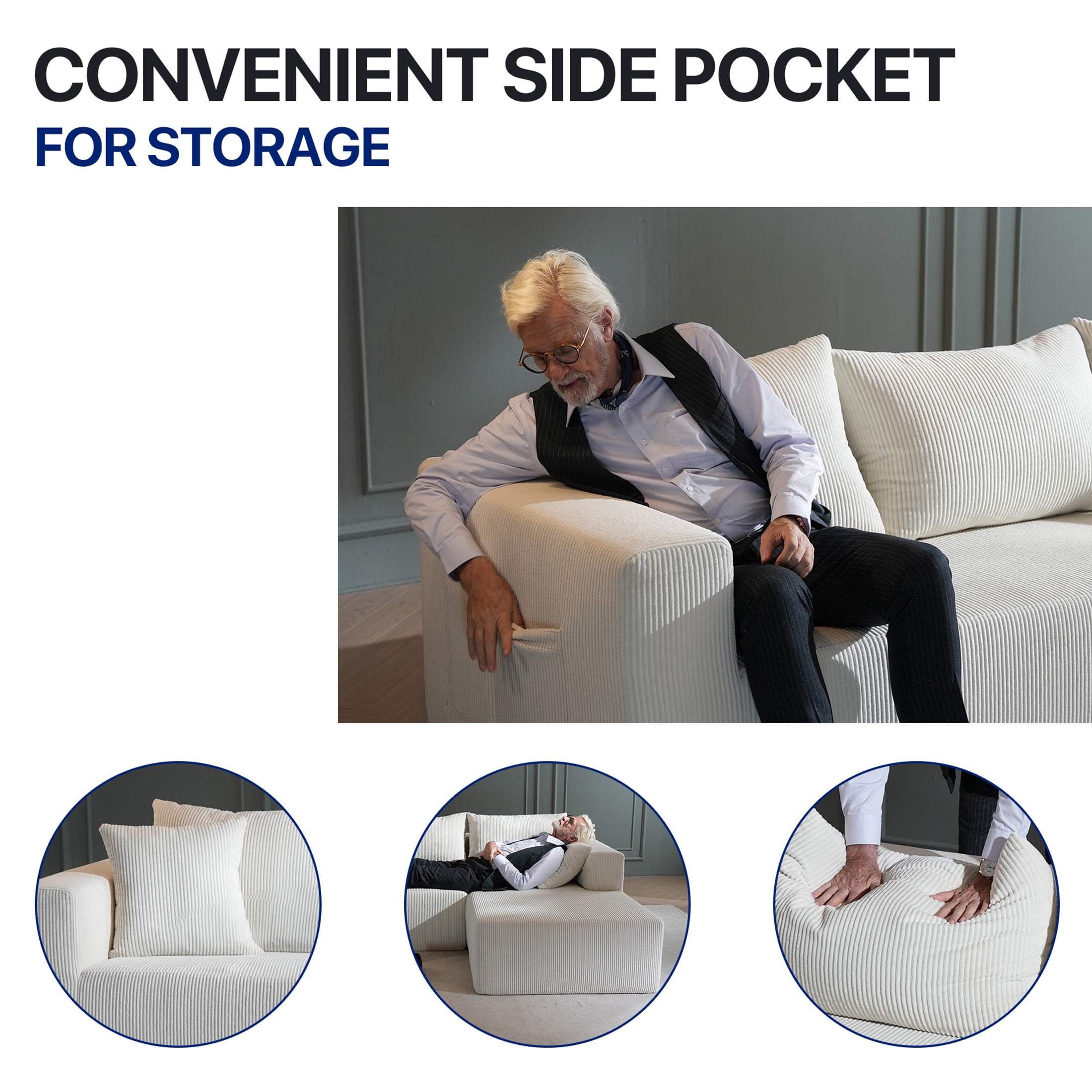 Focalsweet 107" L-Shaped Sofa Couch, Modular Sectional Living Room Sofa Set, Corduroy, No Assembly, White