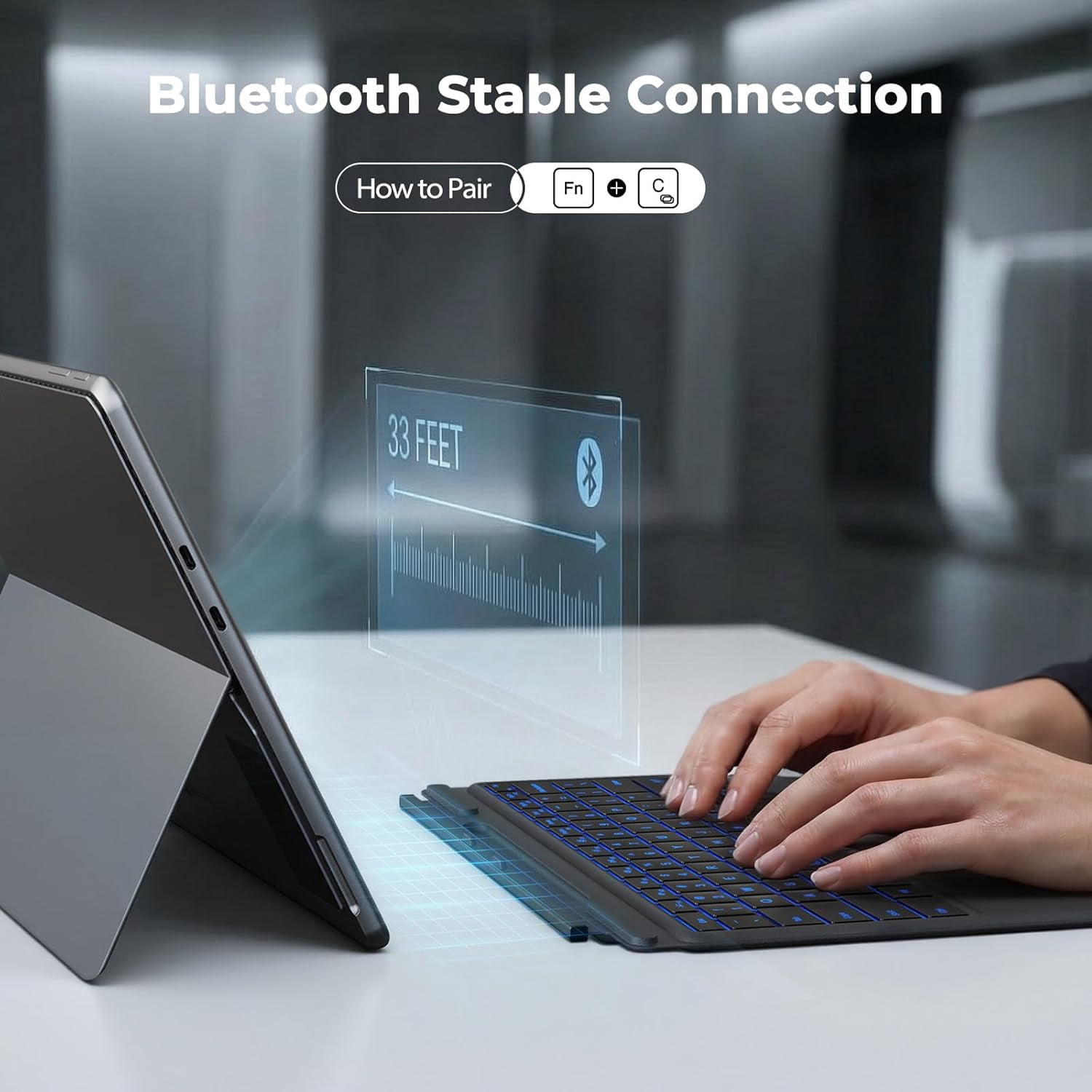 Meetion Surface Pro Keyboard, 7-Color Backlit, Detachable Bluetooth, Trackpad & Pen Slot, Rechargeable