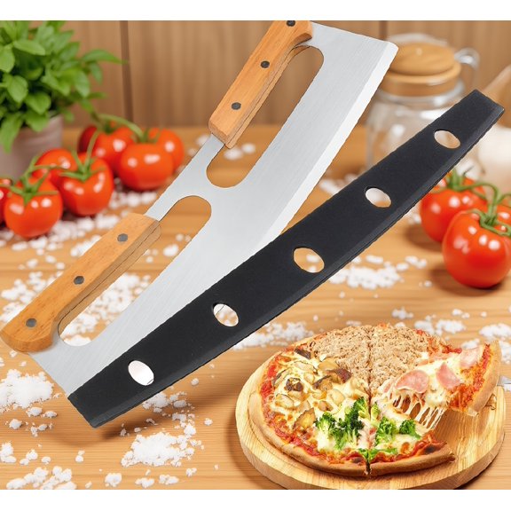 Pizza Cutter Rocker with Wooden Handles & Protective Cover by , 14" Sharp Stainless Steel Pizza Slicer Wheel, Big Pizza Knife Cutters for Kitchen Tool