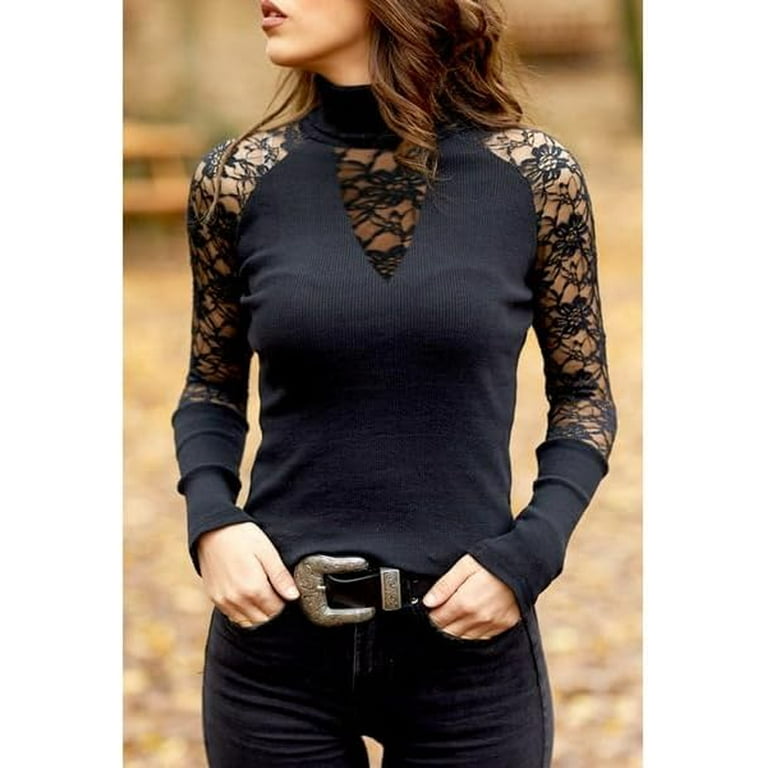 PuliPuqi Women s Floral Lace Sexy Half Zip Up Tops Dressy Casual Black Lace Tops for Holiday Lace Tops
