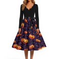 thumbnail image 4 of Women's Halloween Dress Candy Witch Hat V Neck Hepburn 1950s Cute Dress Long Sleeve Cocktail Casual Classic Tea Length Dress with Belt L, 4 of 5