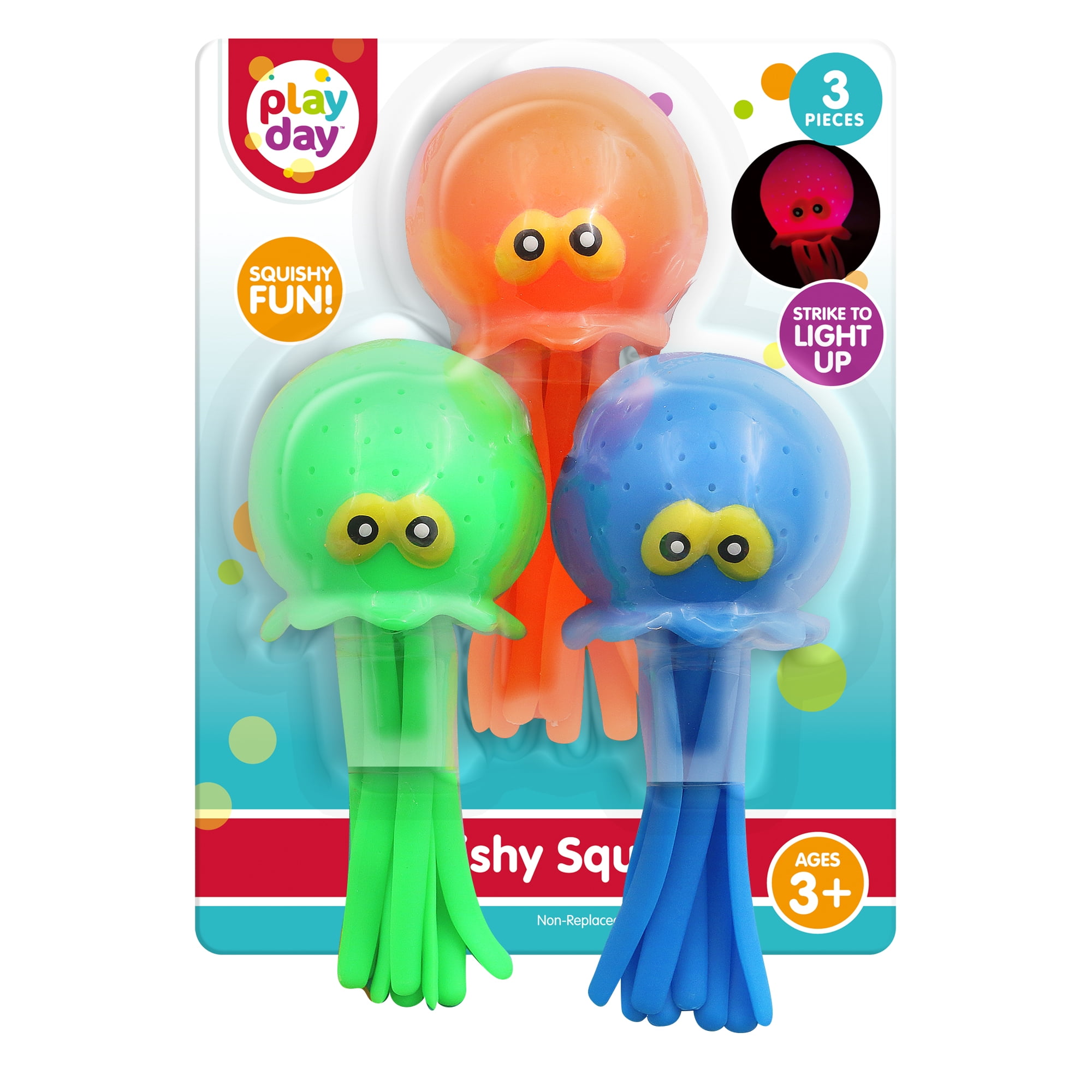 Play Day Squishy Squids Light-up Green Blue Orange Indoor-Outdoor Kids Water Play, Ages 3+, Unisex, 3 Pack