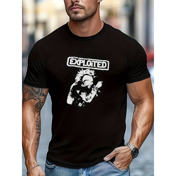 Men'S Summer Casual Patterned T-Shirt - Featuring an Edgy 'THE EXPLOITED' Punk Rock Design with Spiky Hair And Tattoo Art, Made from Lightweight, Round Neck, Machine Washable, Black, Rock Band Tee,