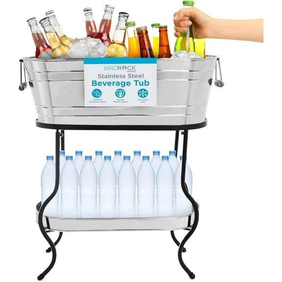 CSPP Stainless Steel Beverage Tub with Stand - Bottom Tray - Ice Bucket - Party Drink Holder - Wooden Handles - Outdoor or Indoor Use - Free Standing