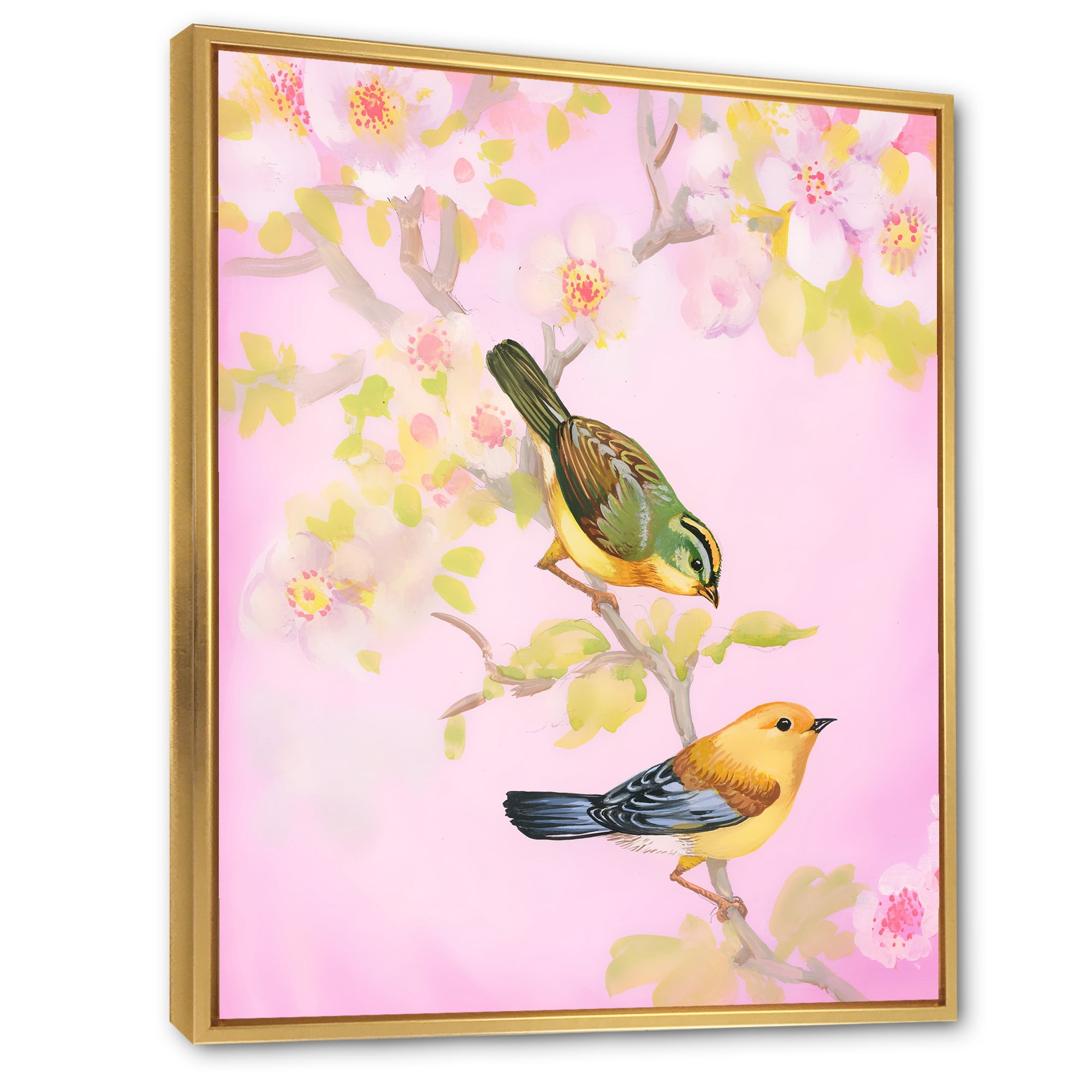 Designart 'Beautiful Bright Birds Sitting On Branch' Traditional Framed Canvas Wall Art Print
