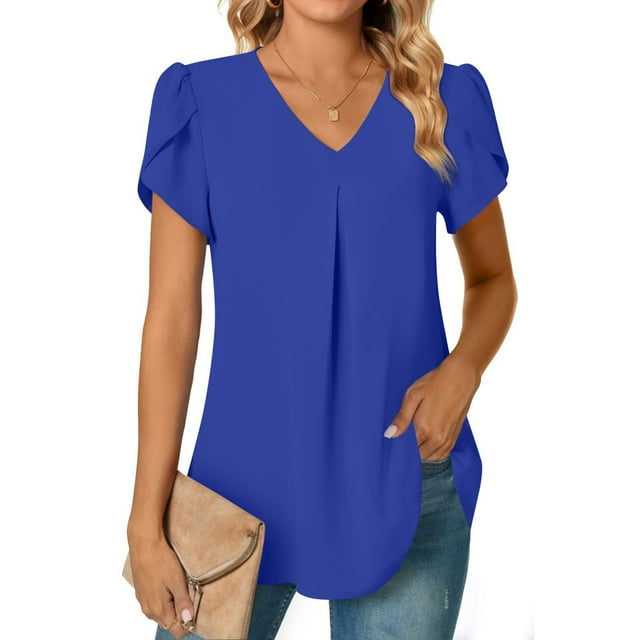 Camisa de manga corta con cuello en V para mujer, gasa elegante de verano para mujer, blusas plisadas básicas de gasa elegantes, ultra sensibles