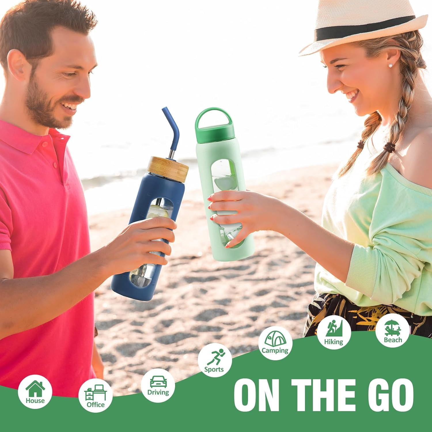 MUKOKO Glass Water Bottle, 24oz Sports Drinking Tumbler with Silicone Sleeve and Straw, 1 Cup 2 Lids, Green