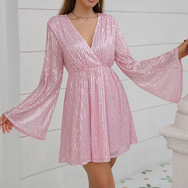 FcBaudy Robe à Manches Longues à Col en V, Robes d'Été pour Femmes, Robes pour Femmes Robes Décontractées à Col Ample Unies à Manches Longues Robe Confortable Robe pour Femme