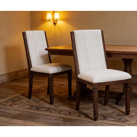 WAMPAT Set of 2 Vintage Mid-Century Dining Chairs, Solid Wood Frame, Beige Fabric, Thick Padded Seat, High Back, Farmhouse Rustic, Dark Walnut Brown