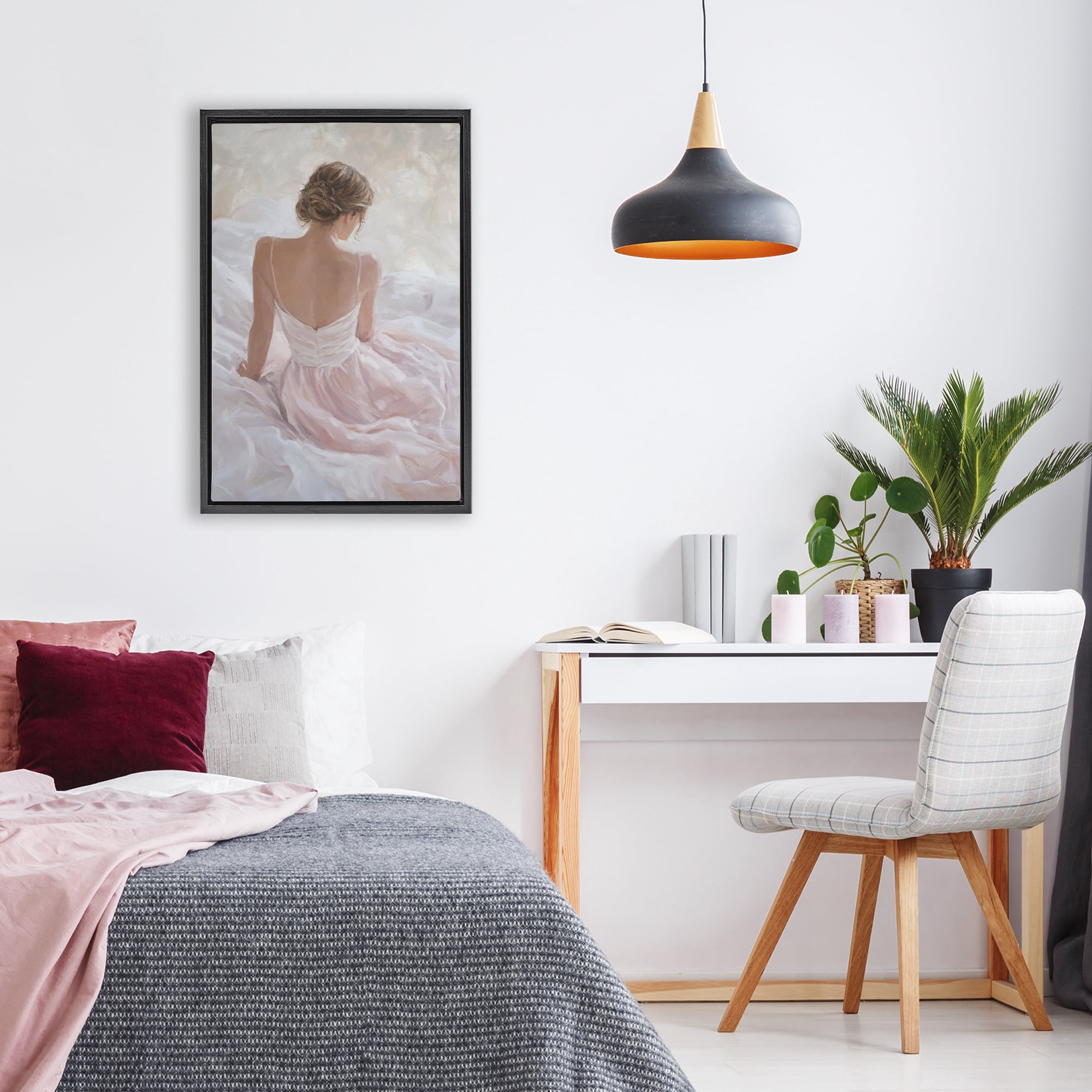 Stupell Industries Quiet Reflection in Pastel Pink Black Framed Floater Canvas Wall Art, design by Petal Prints Design