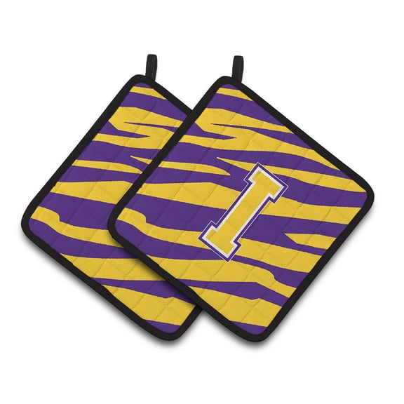 Letter I Monogram - Tiger Stripe - Purple Gold Pair of Pot Holders