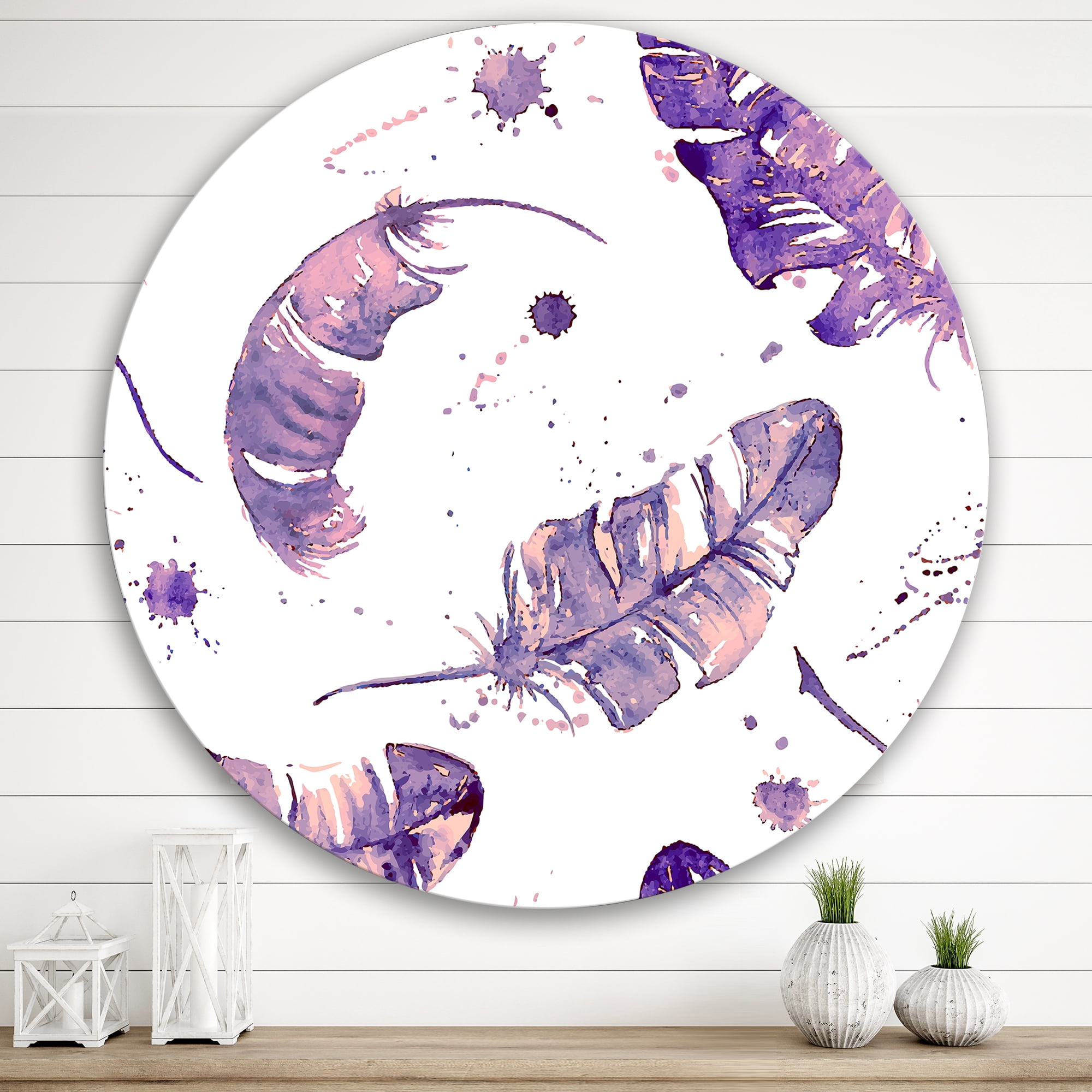 Designart 'Ethnic Purple Feathers Composition' Bohemian & Eclectic Circle Metal Wall Art 36x36 - Disc of 36