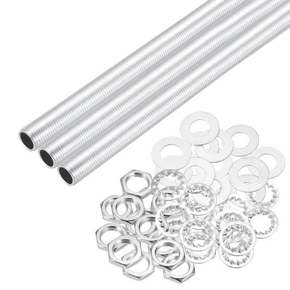 Uxcell 21Pcs 10" Lamp Pipe Nipples Kit With Hex Nuts Washers, M10 Fine Threaded Hollow Tube Repair Hardware Fasteners Assortment for Assembly Chandelier Ceiling Lamp DIY, Silver