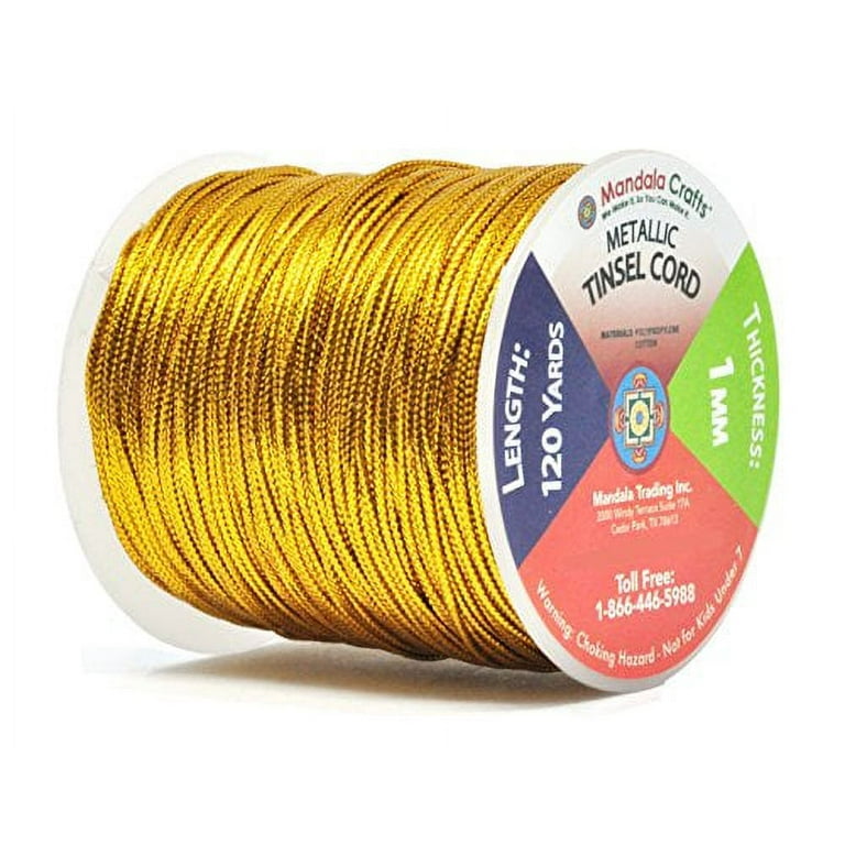 Mandala Crafts Metallic Cord Tinsel String Rope for Ornament Hanging,  Decorating, Gift Wrapping, Crafting; Elastic 1mm 109 Yards, Light Gold