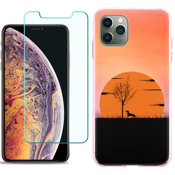 For Apple iPhone 11 PRO Case, Slim-Fit TPU Protective Phone Case (Pink Bezel) with Tempered Glass Screen Protector, by OneToughShield ® - Sunset Dachshund