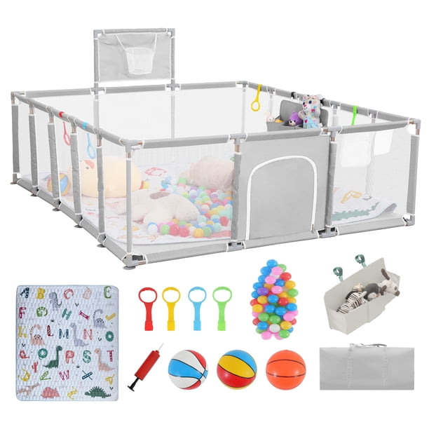 Corral para bebé Clocly de 200 x 180 cm con tapete y pelotas, gris claro