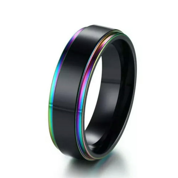 6mm Black With Rainbow Color Mens Wedding Band Ring Stainless Steel Classic Gift