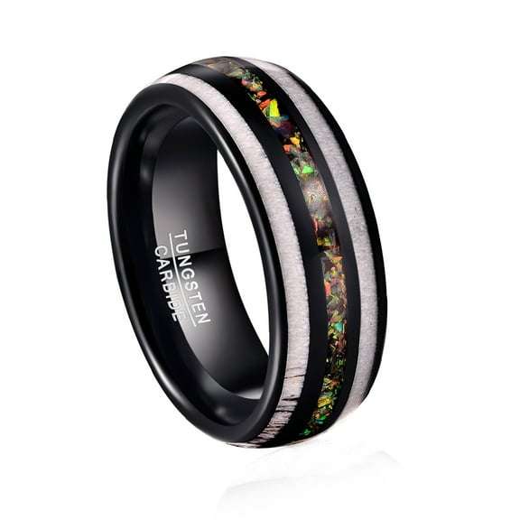 JQUEEN 8mm Black Tungsten Ring Inlaid Deer Antler Engagement Rings