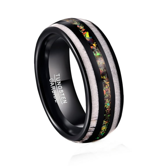 JQUEEN 8mm Black Tungsten Ring Inlaid Deer Antler Engagement Rings