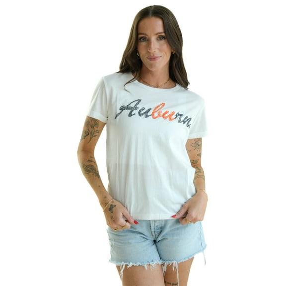 Women's White Auburn Tigers Hand Sewn Beaded Script T-Shirt
