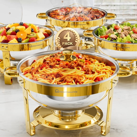 WARMOUNTS Gold Chafing Dishes for Buffet 4 Pack, Stainless Steel Chafing Dish Buffet Set 5QT, Round Chafing Dishes with Glass Lid & Holder, Mirror-Polished No Finger Cuts for Party Events Wedding