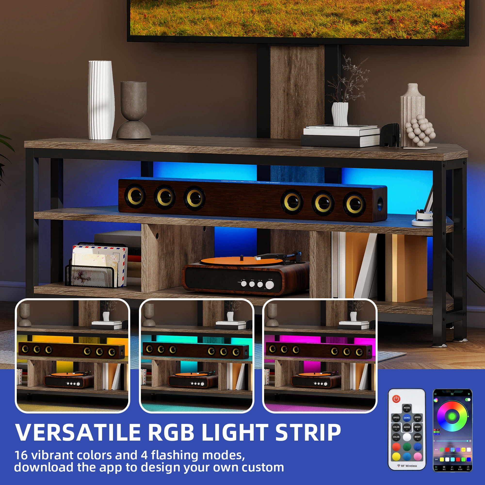 Uforic Height Adjustable TV Stand Mount with Power Outlet with LED Lights for TVs up to 70 inches, Gray