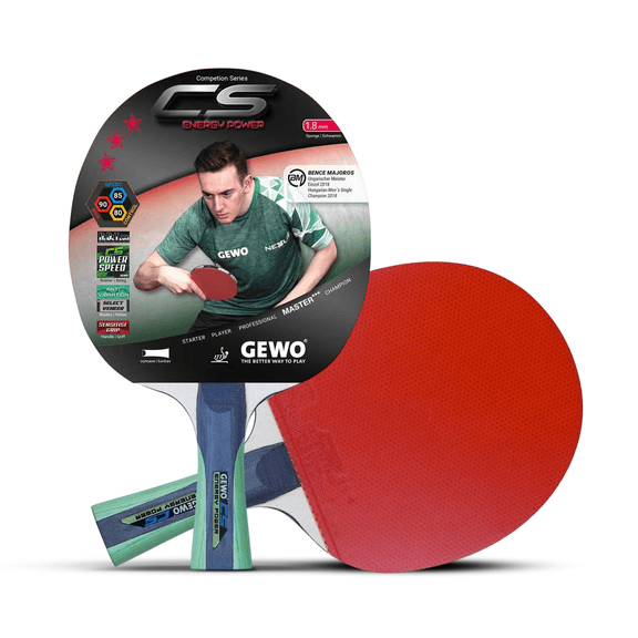 GEWO CS Energy Power Pre-Assembled Table Tennis Racket, ITTF Approved Ping Pong Paddle, 5-Ply Wood Blade, 1.8 mm Sponge, Flared Handle
