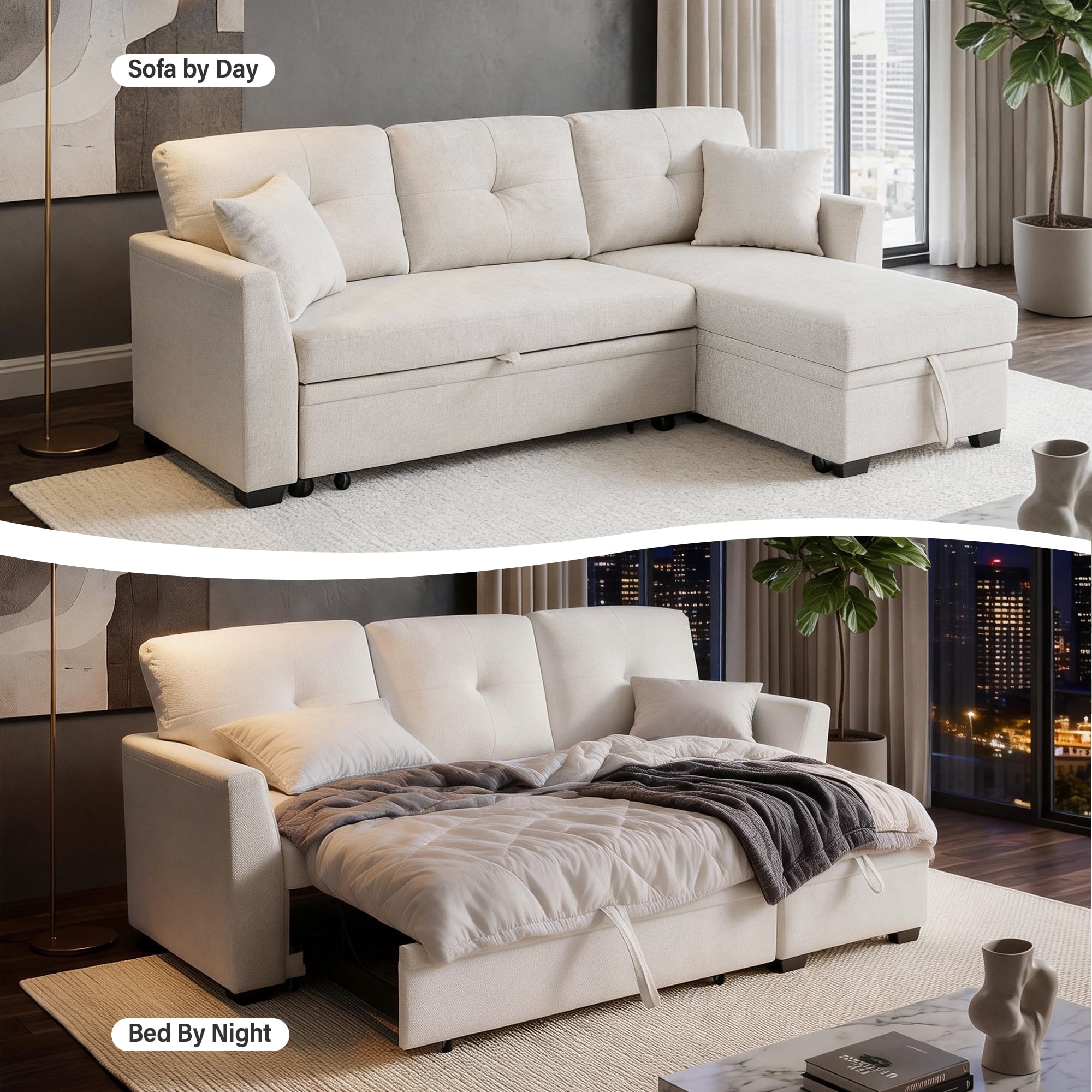 AENKYO Convertible L-Shaped Sectional Sofa Sleeper with Pull-Out Bed and Storage Chaise, Linen Upholstered Couch for Living Room，White