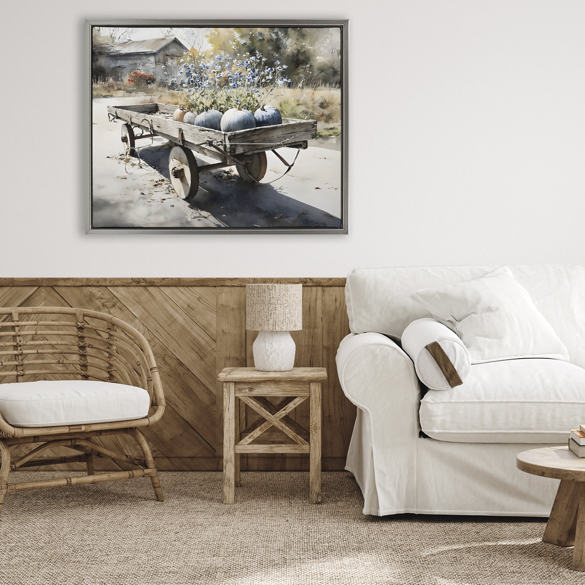 Stupell Industries Blue Pumpkin Wagon in Sunlight Gray Framed Floater Canvas Wall Art, design by Franklyn Gregory