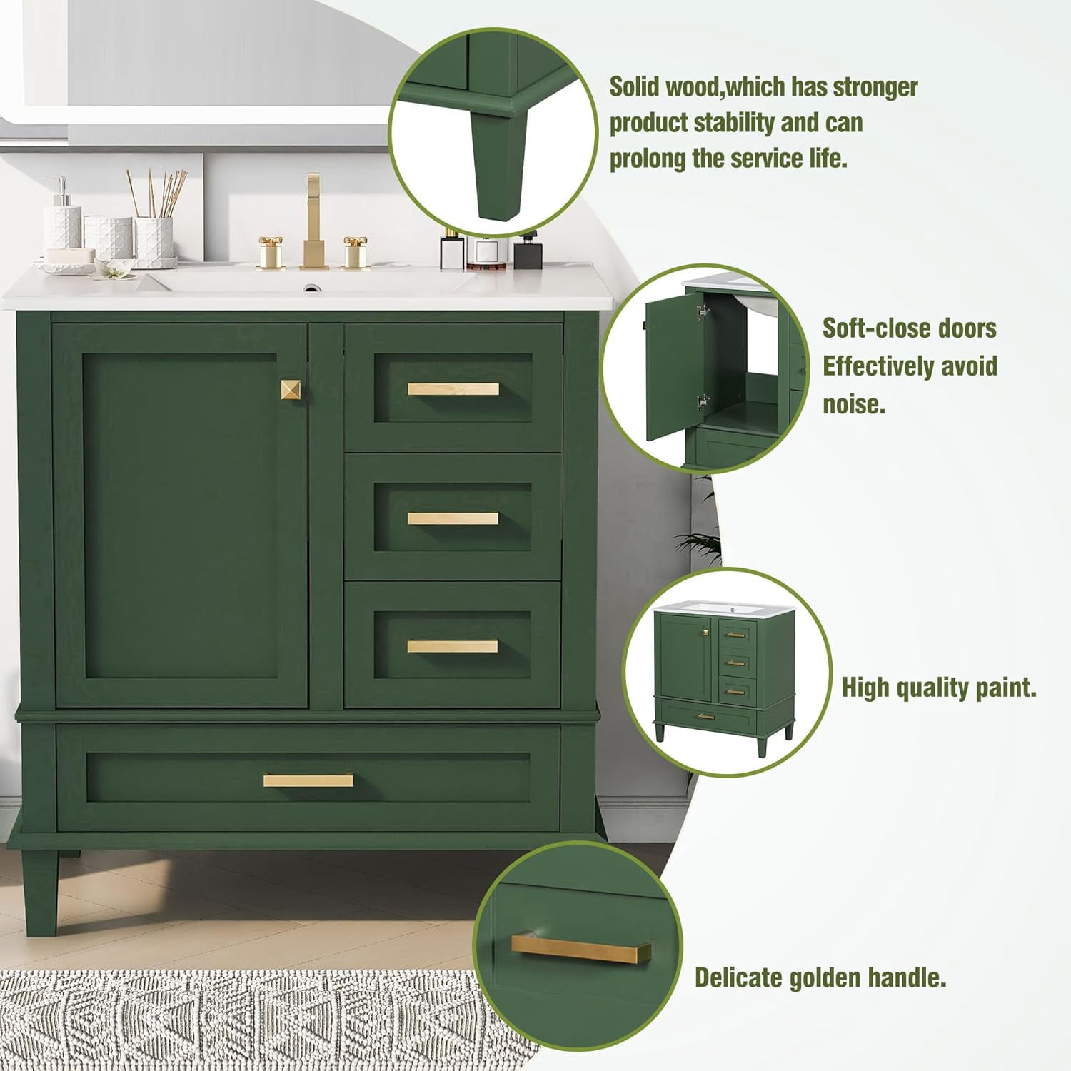 Royard Oaktree 30" Bathroom Vanity w/Resin Sink, Modern Bathroom Cabinet w/Soft Closing Door & 3 Drawers