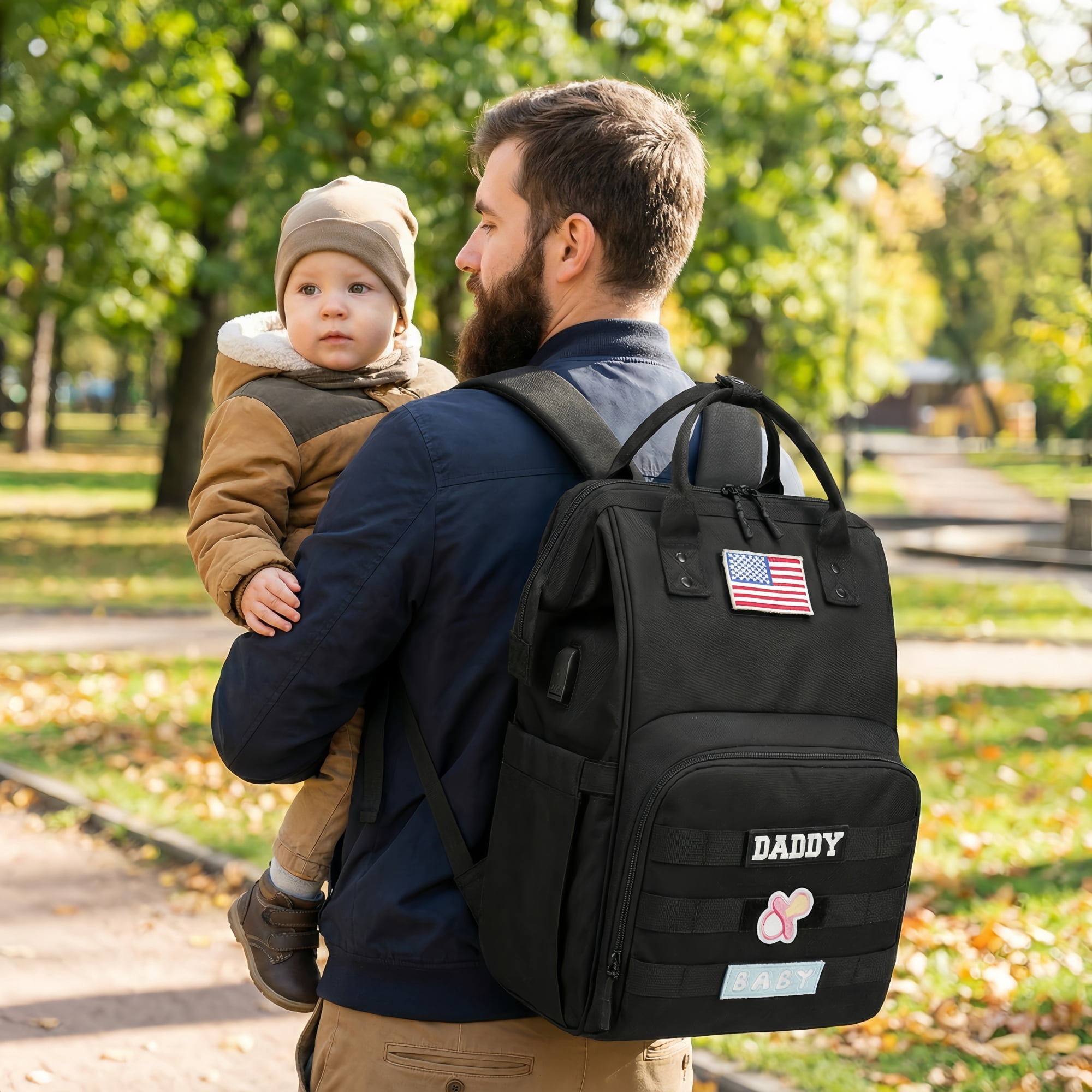Camo Diaper Bag Backpack for Dad and Mom with USB Charging Port Stroller Straps and Insulated Pocket,army military Travel Nappy Backpack (Black)