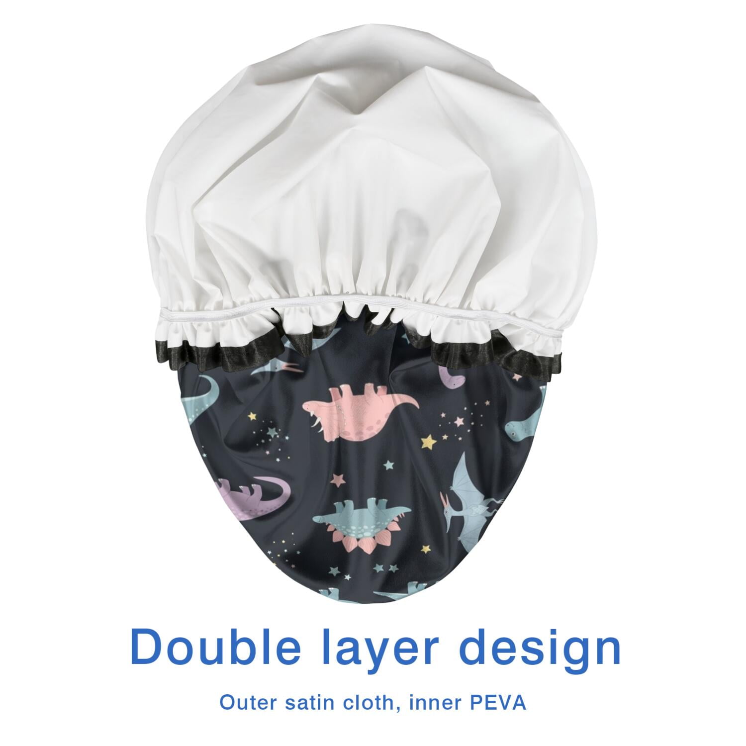 Shower Caps,Black Dinosaurs Stars Pterosaurs Pattern Waterproof Shower Cap for Women 4 Pieces,Double Reusable Hair Cover for Shower PEVA Elastic Stretch Hem