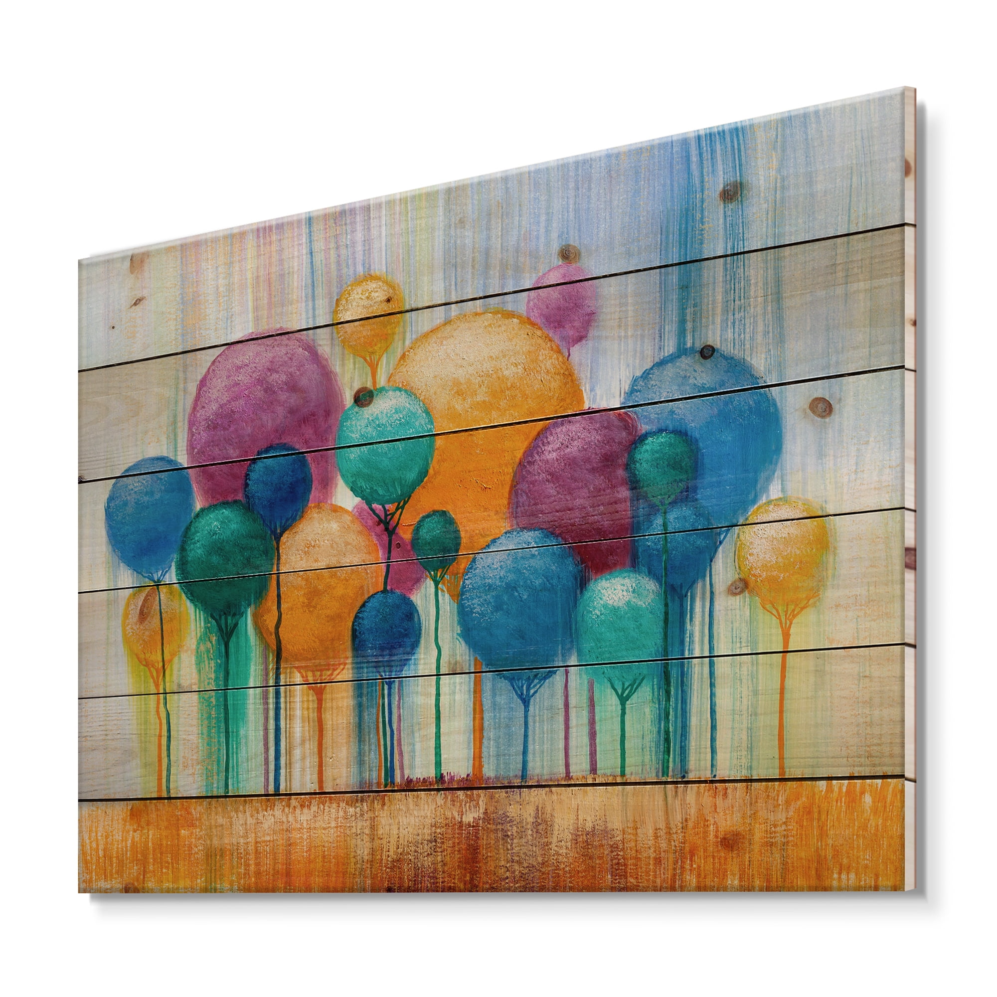 Designart 'Ornamental Colourful Trees IV' Modern Print on Natural Pine Wood