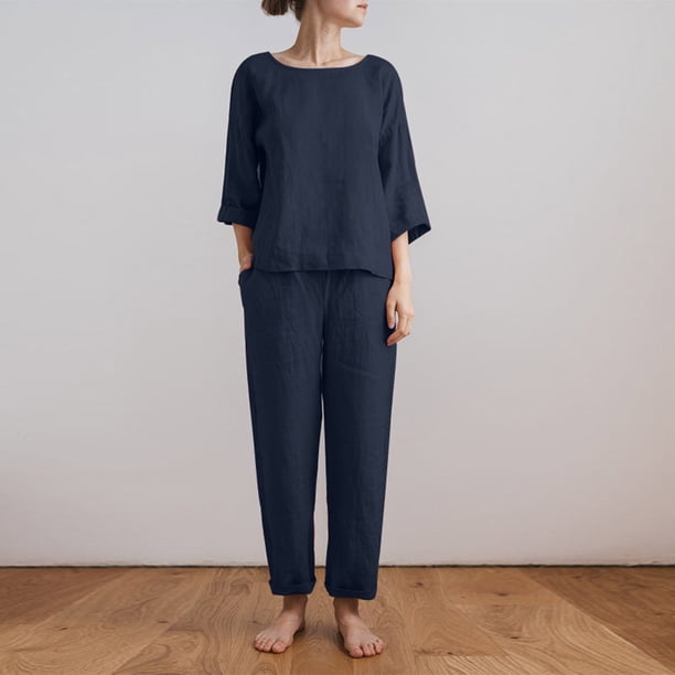 Puntoco moda mujer cuello redondo blusa de manga larga + pantalones sueltos de lino de algodón conjuntos de pantalones liquidación Puntoco Puntoco-4596